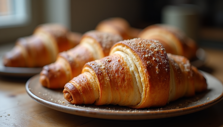 Vista ravvicinata di croissant di farro appena sfornati su un piatto rustico