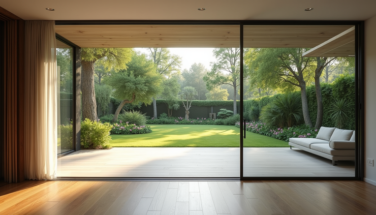 Vista a livello occhi di ampio soggiorno con vetrate scorrevoli panoramiche che si affacciano su un giardino verde