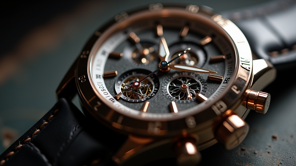 Close-up view of a luxury watch with intricate details