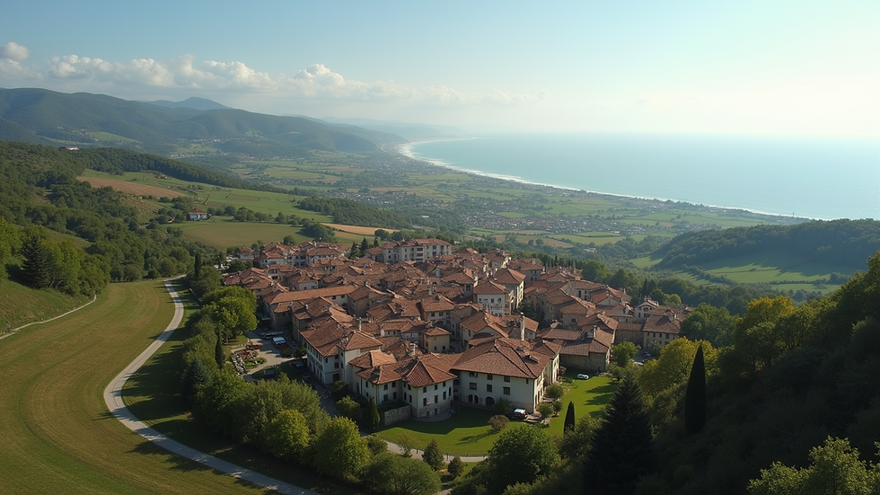 Veduta aerea di un borgo tra le colline del Monferrato con il mare sullo sfondo