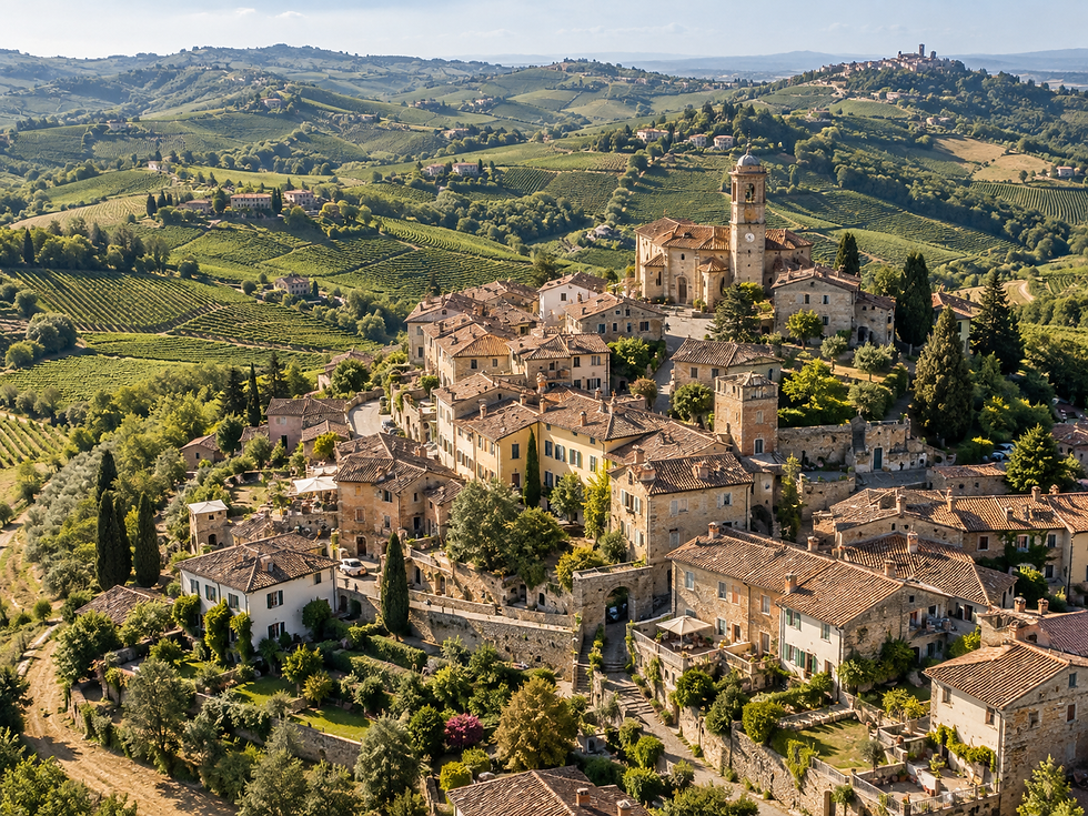 Veduta aerea di un borgo storico tra le colline delle Langhe con case in pietra e giardini