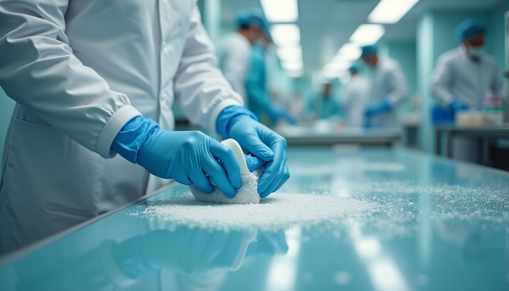 Vista ravvicinata di un operatore sanitario che pulisce una superficie in una stanza di ospedale