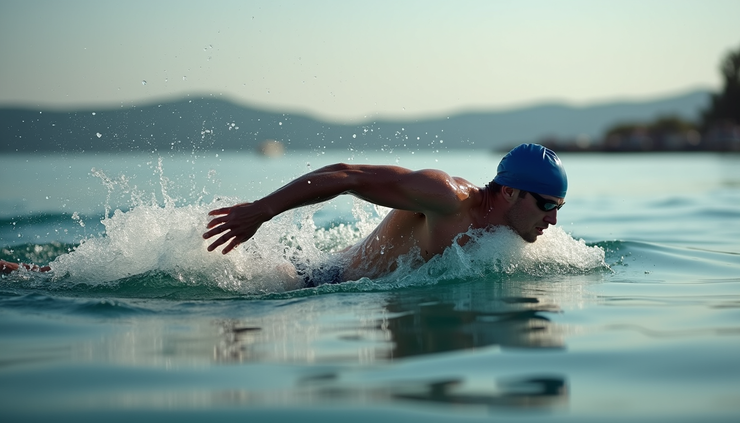 Vista laterale di un triatleta che esegue una bracciata di stile libero in acque libere