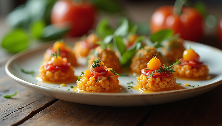 Vista ravvicinata di un piatto di cicchetti gourmet con ingredienti freschi e colorati