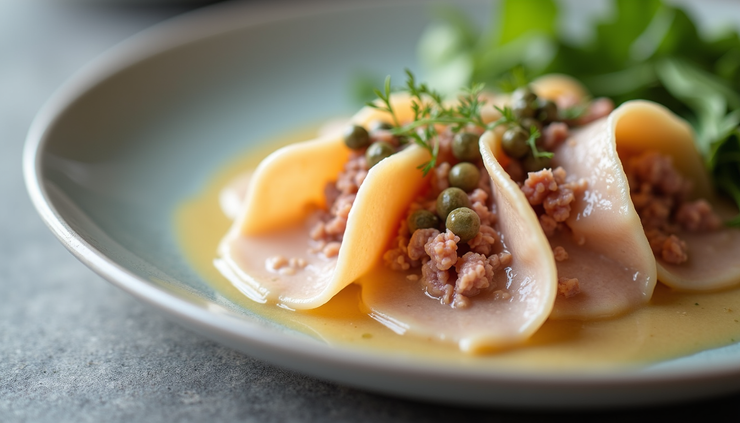 Primo piano di fette sottili di vitello tonnato con salsa cremosa e capperi