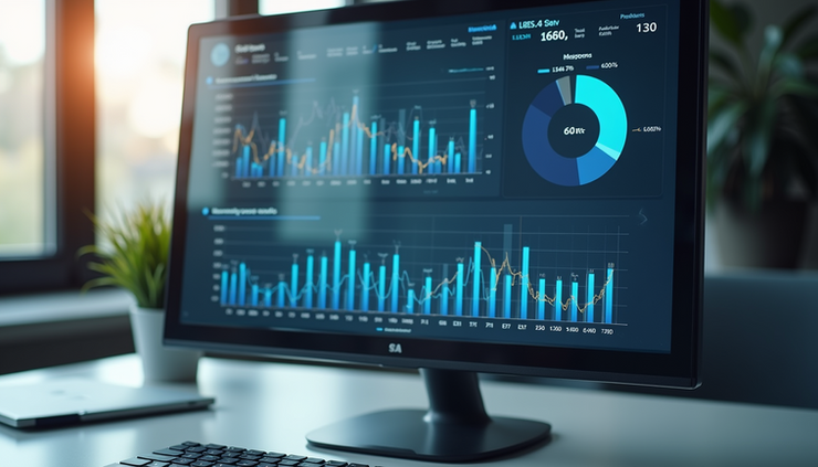 Vista frontale di grafici di vendita e report aziendali su schermo di computer