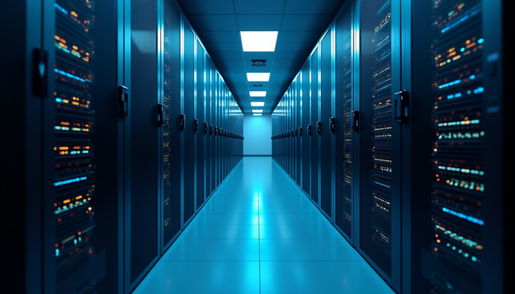 Vista dall’alto di una sala server con rack ordinati e luci blu