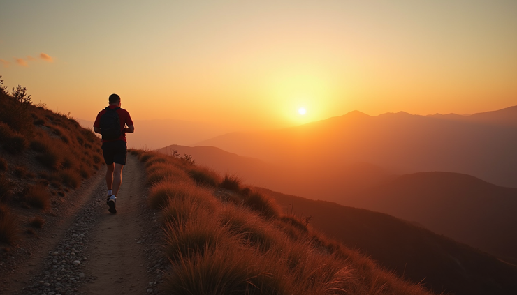 Vista panoramica di un corridore solitario su un sentiero di montagna al tramonto