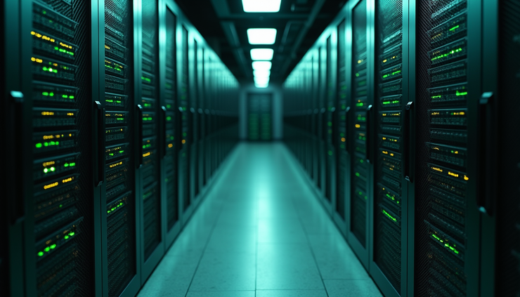 Vista dall’alto di un data center con server e luci verdi che indicano attività stabile