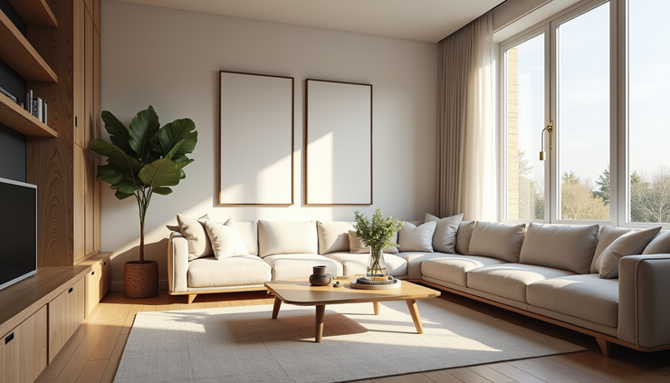 Vista a livello occhi di un soggiorno ristrutturato con arredi moderni e illuminazione naturale