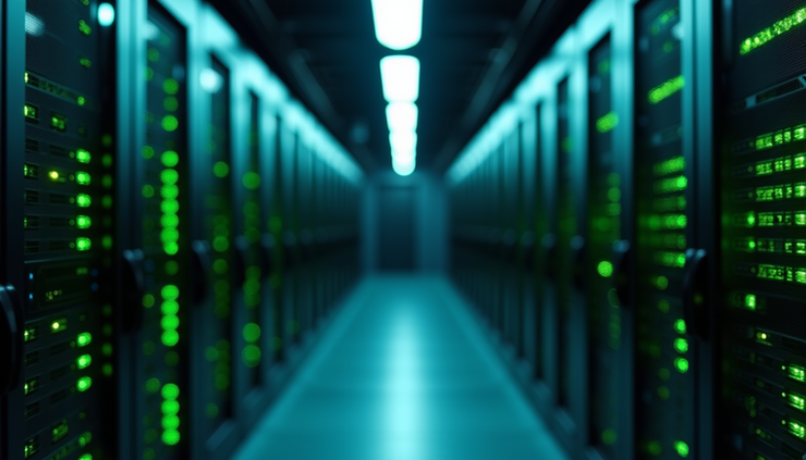 Vista dall'alto di un centro dati con server e luci verdi
