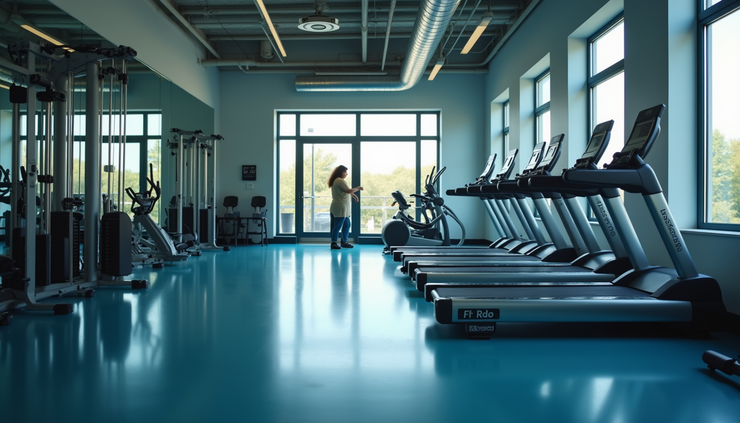Vista dall'alto di area palestra con attrezzi disinfettati e puliti