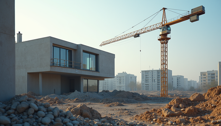 Vista laterale di un cantiere con gru e lavori di ampliamento di un edificio residenziale
