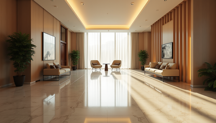 Vista dall’alto di una hall d’albergo pulita con pavimenti lucidi e arredi moderni