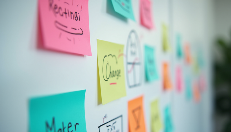 Vista ravvicinata di una lavagna con diagrammi e note adesive colorate che rappresentano un piano di cambiamento