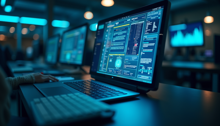 Vista dall’alto di un sistema digitale che mostra flussi di lavoro bancari automatizzati