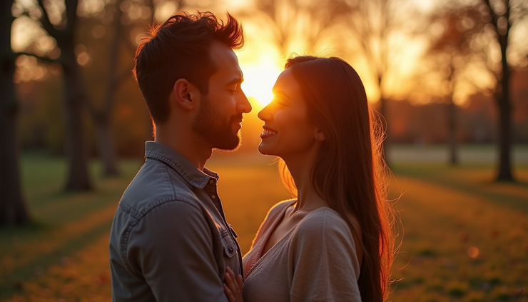 Vista a livello degli occhi di una coppia che si abbraccia in un parco al tramonto