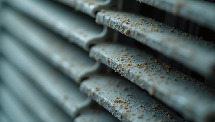 Vista ravvicinata di filtro condizionatore sporco con polvere accumulata