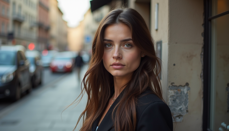 Vista a livello occhi di un ritratto fotografico in esterni con sfondo urbano torinese