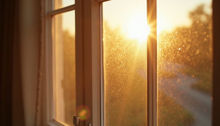 Vista ravvicinata di una finestra con vetro selettivo che riflette la luce solare estiva