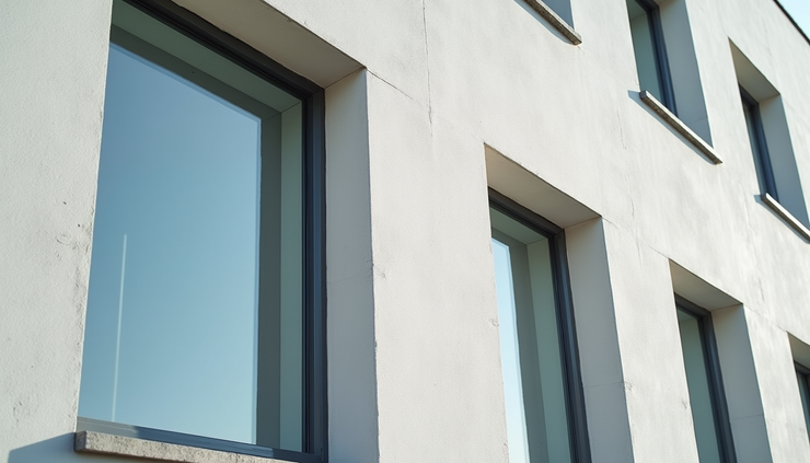 Vista frontale di infissi in alluminio integrati in una facciata ventilata con pannelli in fibrocemento