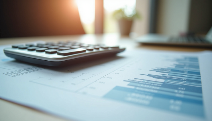 Vista frontale di una scrivania con documenti di bilancio e calcolatrice