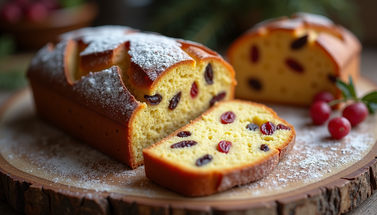 Vista ravvicinata di un panettone senza lattosio tagliato a fette con canditi e uvetta