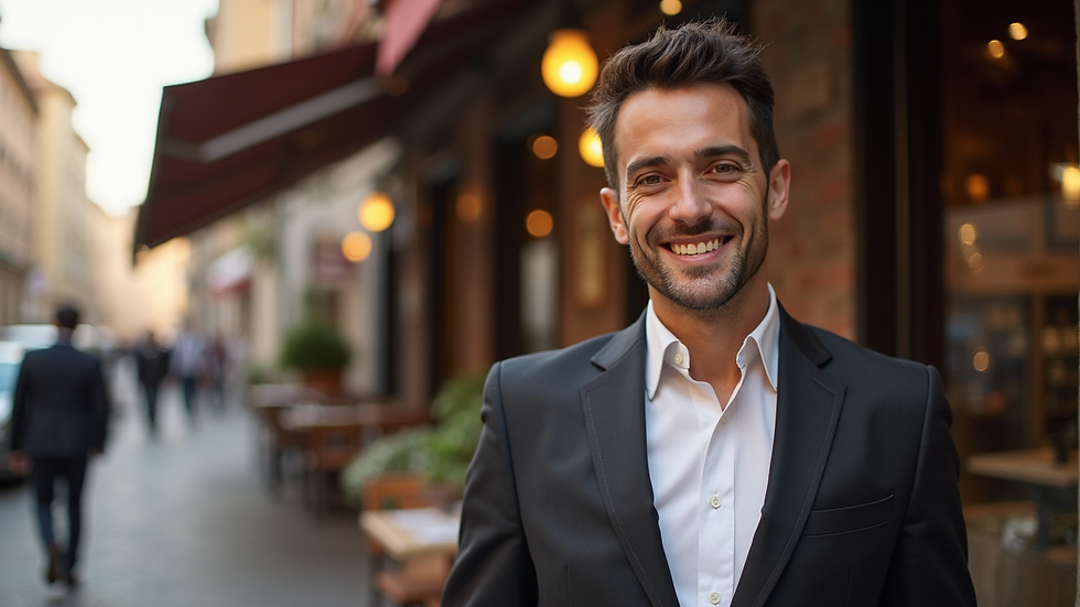 Vista a livello strada di un cameriere che invita clienti davanti a un ristorante turistico