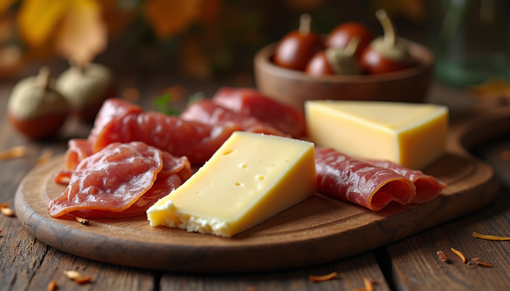 Vista a livello degli occhi di un tagliere con formaggi piemontesi, salumi e castagne