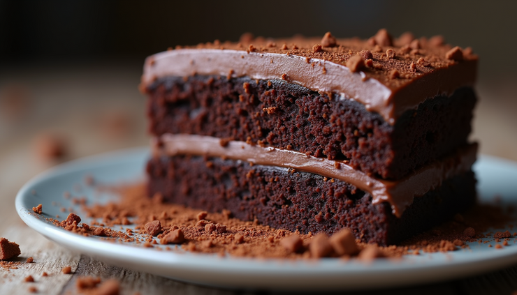 Vista a livello occhi di una fetta di torta al cioccolato con glassa lucida e briciole croccanti