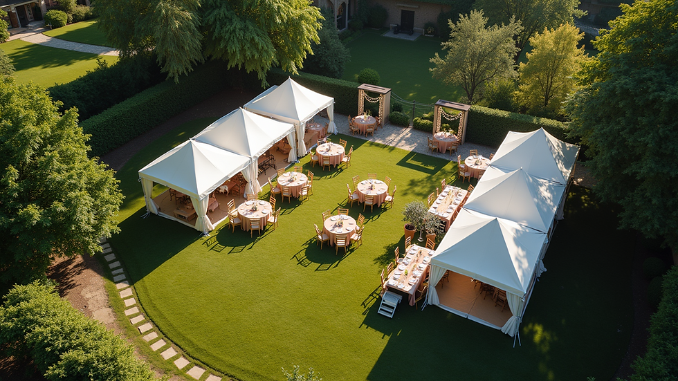 Vista aerea di un evento all'aperto con tende e spazi allestiti