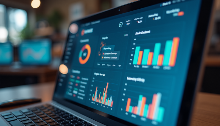 Vista dall’alto di uno schermo con dashboard di monitoraggio spedizioni e dati in tempo reale