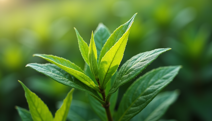 Vista ravvicinata di foglie verdi fresche utilizzate per estratti botanici in cosmetica naturale