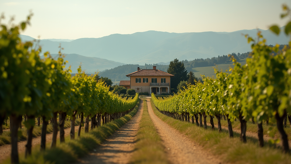 Eye-level view of a traditional farmhouse surrounded by vineyards in Piedmont