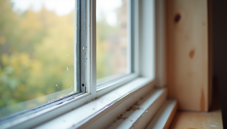 Vista frontale di una finestra con sigillature e isolamento termico applicati correttamente