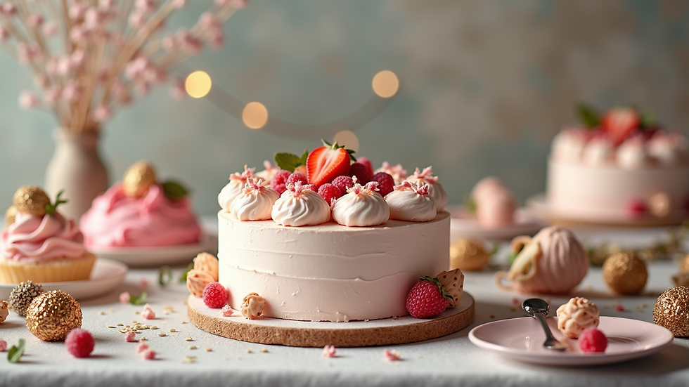 High angle view of a beautifully arranged dessert table with custom cakes