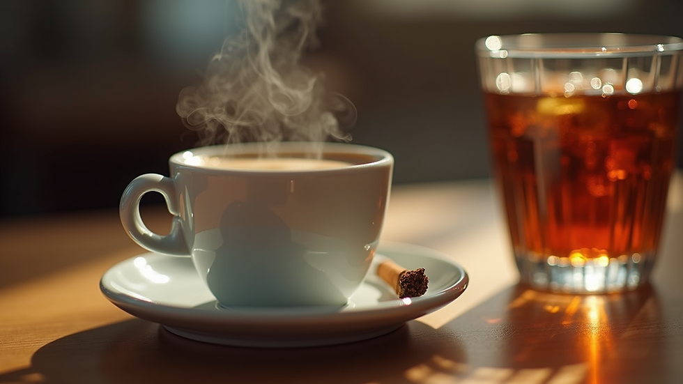 Vista laterale di una tazza di caffè accanto a sigarette e bicchiere di alcol