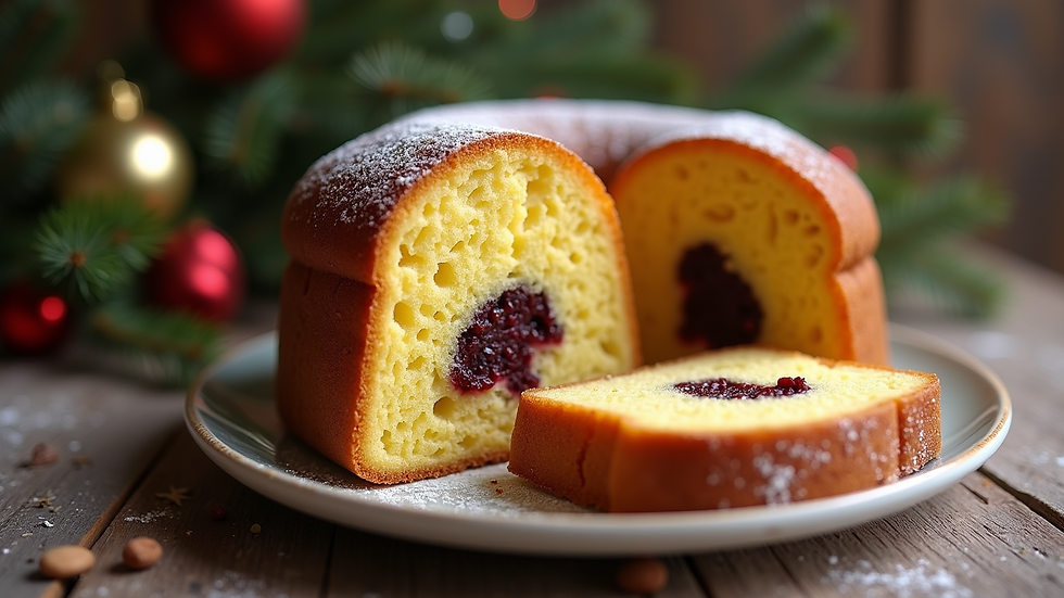 High angle view of a slice of panettone with a rich filling