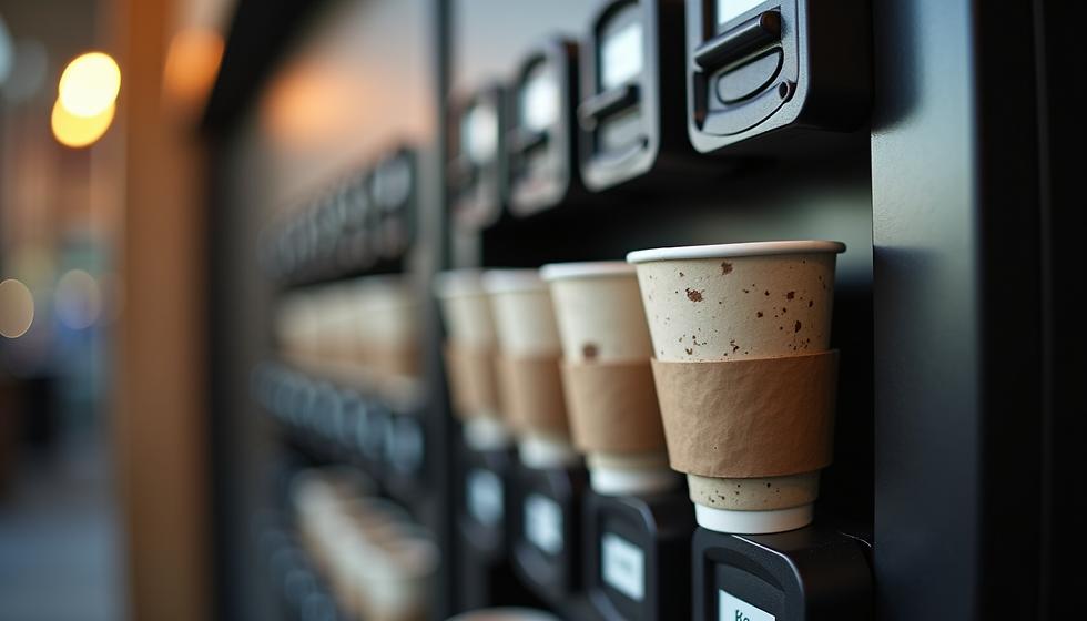 Vista a livello occhi di distributore automatico di caffè con bicchieri compostabili