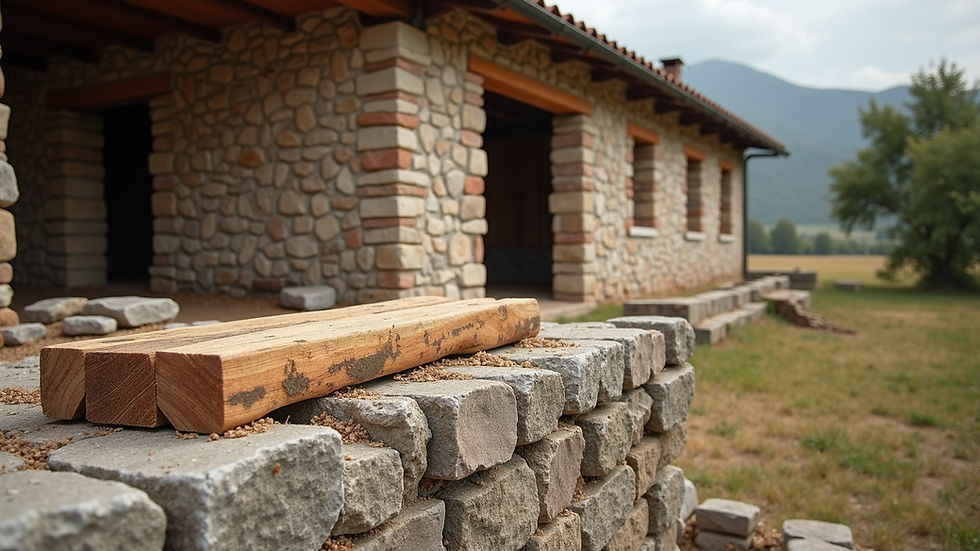 Dettaglio di travi in legno e pietra di una cascina da ristrutturare in Piemonte