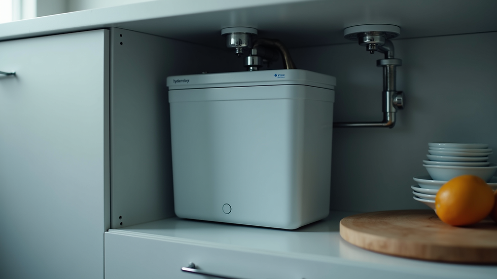 Close-up view of a modern water hydrogenation device installed under a kitchen sink