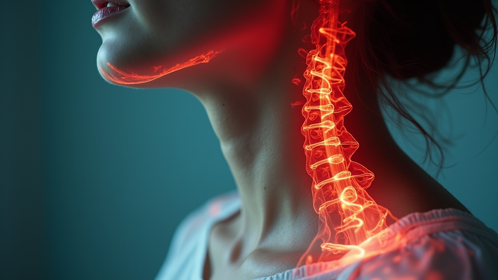 Vista laterale della colonna cervicale con evidenza di compressione nervosa e sintomi periferici