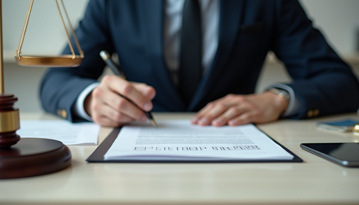 Vista frontale di un avvocato che analizza documenti legali su una scrivania