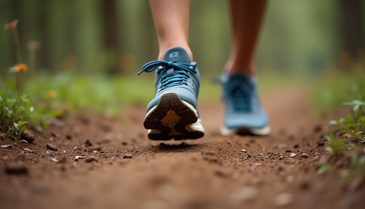Vista ravvicinata di scarpe da corsa consumate su un sentiero sterrato