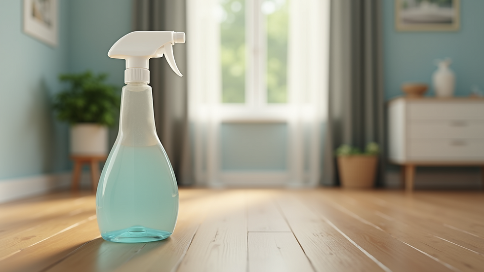 Close-up view of a bottle of floor cleaner on a wooden surface
