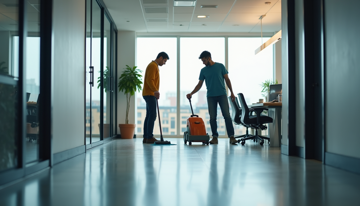 Vista dall'alto di un team di pulizia professionale che lavora in un ufficio moderno