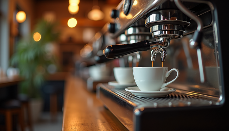 Vista laterale di una macchina da caffè professionale con tazza pronta