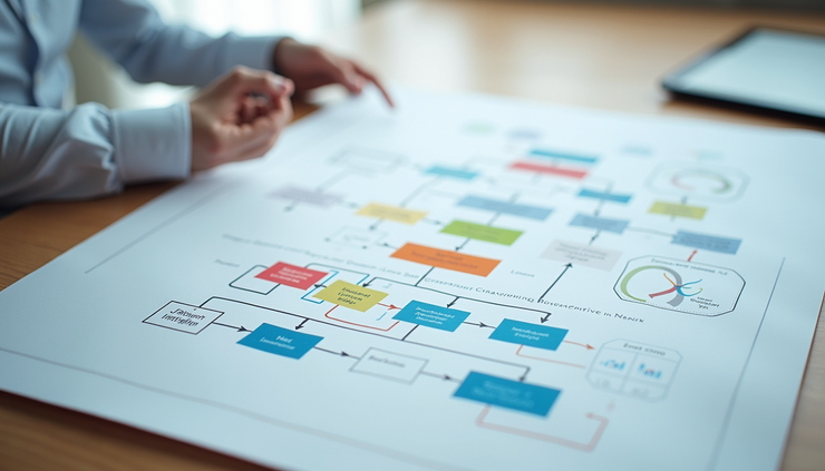Vista dall'alto di un diagramma di flusso con icone colorate che rappresentano un workflow aziendale