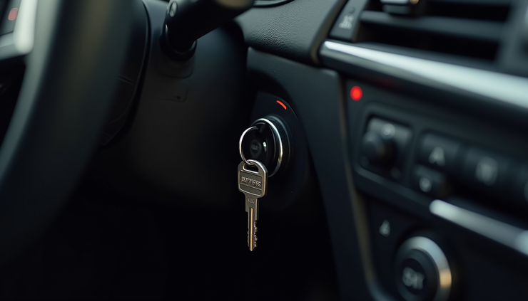 Vista ravvicinata del quadro di accensione di un'auto con chiave inserita