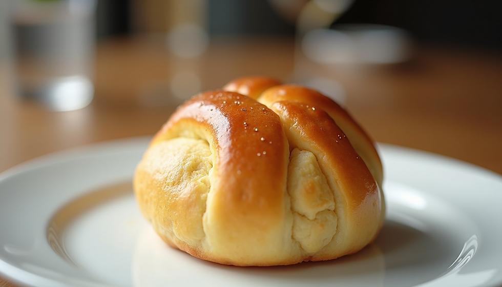 Vista laterale di brioche all'uovo soffici e dorate su un piatto bianco